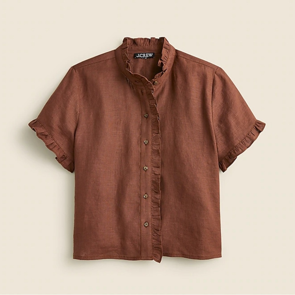 J Crew Size XS Ruffle Trim Button Up Shirt Linen Roasted Cocoa Brown Womens NEW
